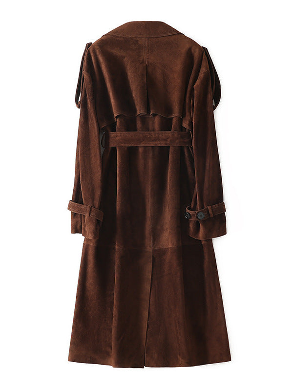 British Double-Breasted Goat Suede Coat with Belt in rich brown color showcasing a stylish design and quality craftsmanship