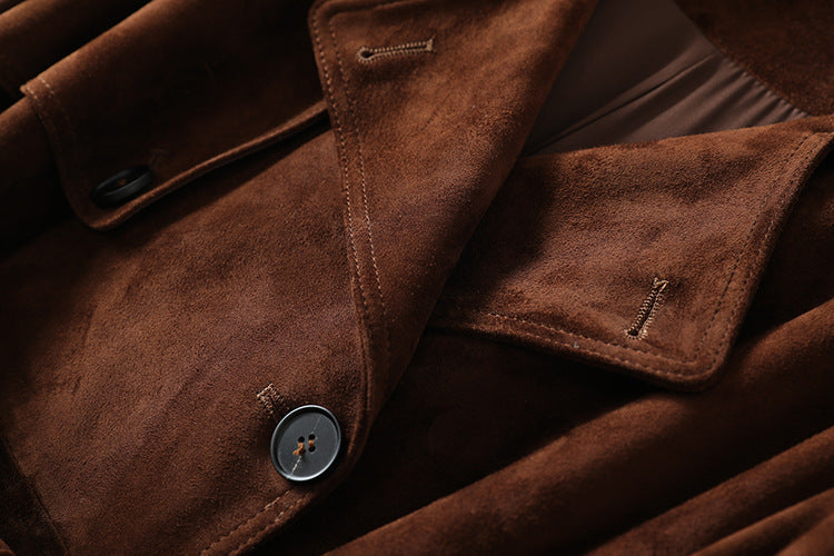 British Double-Breasted Goat Suede Coat with Belt highlighting soft texture and stylish design