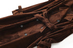 British Double-Breasted Goat Suede Coat with Belt in rich brown color, featuring stylish button details