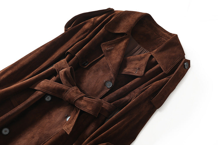 British Double-Breasted Goat Suede Coat with Belt in rich brown color, featuring a stylish design and soft texture