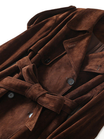 British Double-Breasted Goat Suede Coat with Belt in rich brown color, showcasing a stylish design and soft texture