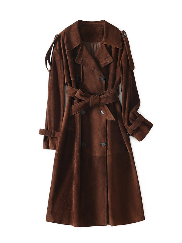 British Double-Breasted Goat Suede Coat with Belt in Rich Brown Color for Stylish Outfits