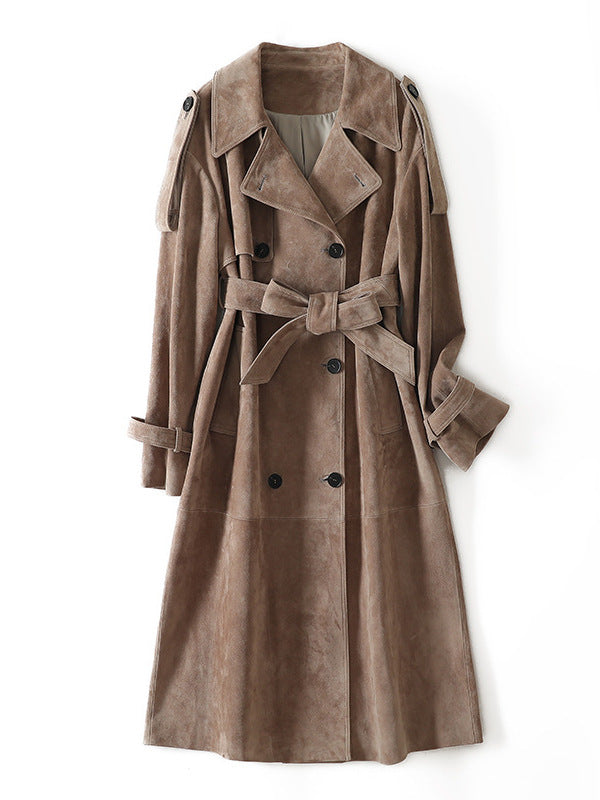 British Double-Breasted Goat Suede Coat with Belt in Soft Brown for Stylish Fall Layering