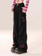 Butterfly Black Tie Dye Wide Leg Denim Jeans with Distressed Design and Comfortable Fit