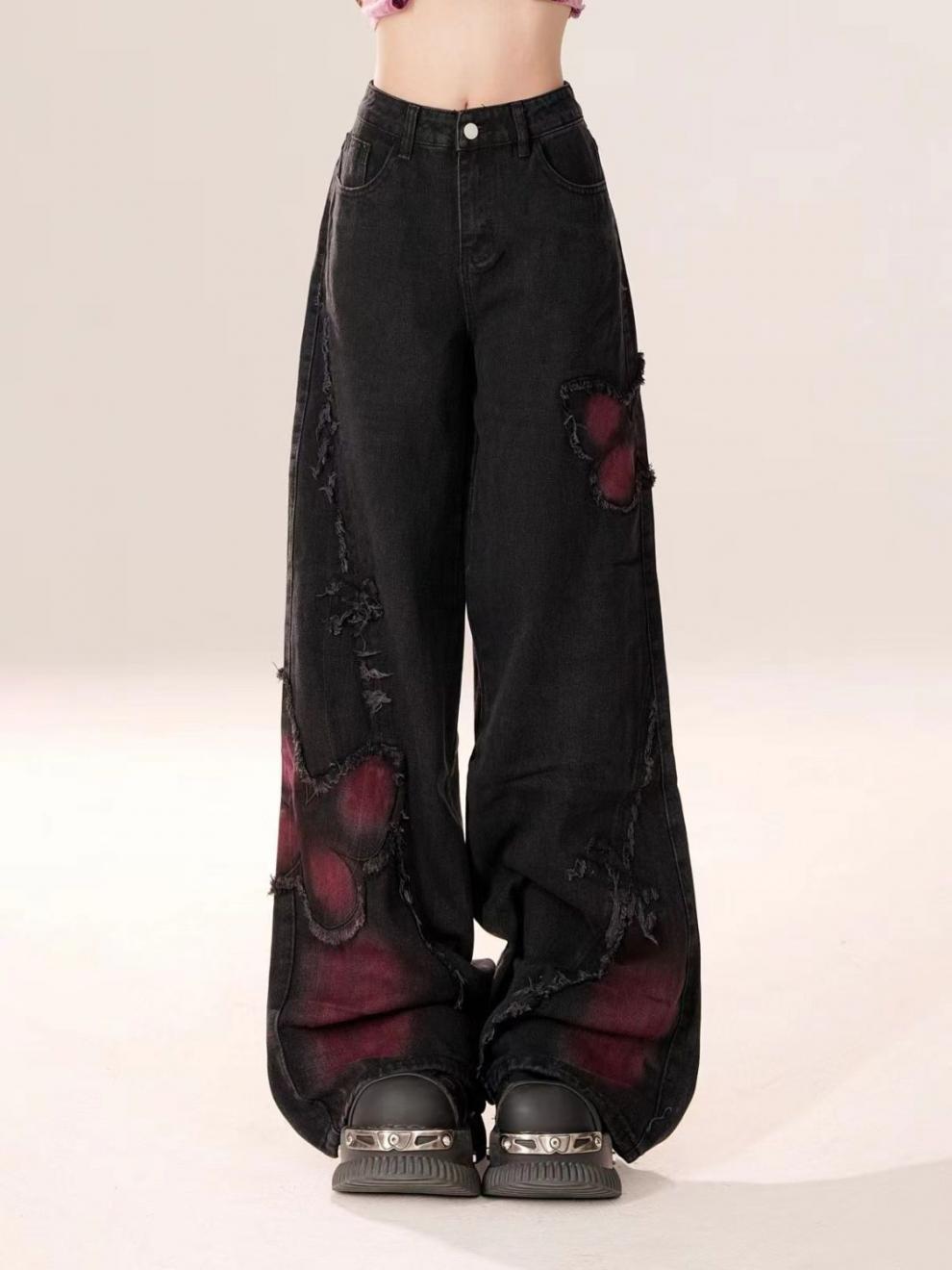 Butterfly Black Tie Dye Wide Leg Denim Jeans with unique floral design and relaxed fit.