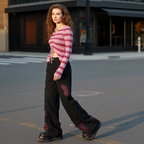 Butterfly Black Tie Dye Wide Leg Denim Jeans styled with a trendy top and chunky shoes on city street
