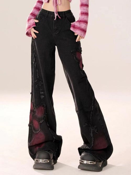 Butterfly Black Tie Dye Wide Leg Denim Jeans with Distressed Details and Flared Fit