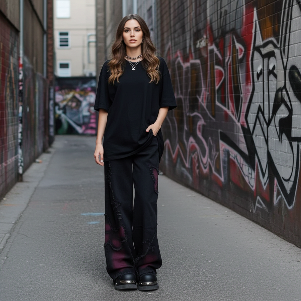 Butterfly Black Tie Dye Wide Leg Denim Jeans styled with an oversized black t-shirt and chunky shoes