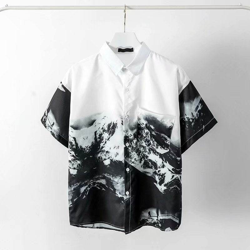 Cămașă cu imprimeu alb-negru cu mâneci scurte și guler clasic pentru un stil casual modern