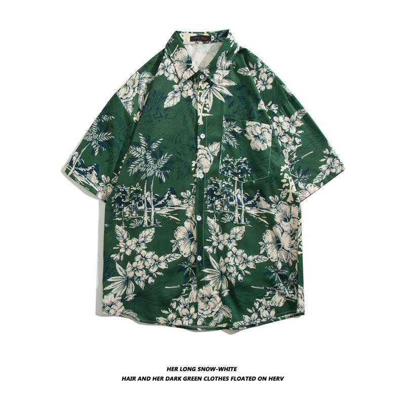 Cămașă cu imprimeu de vară verde cu flori albe și frunze, mâneci scurte, stil casual