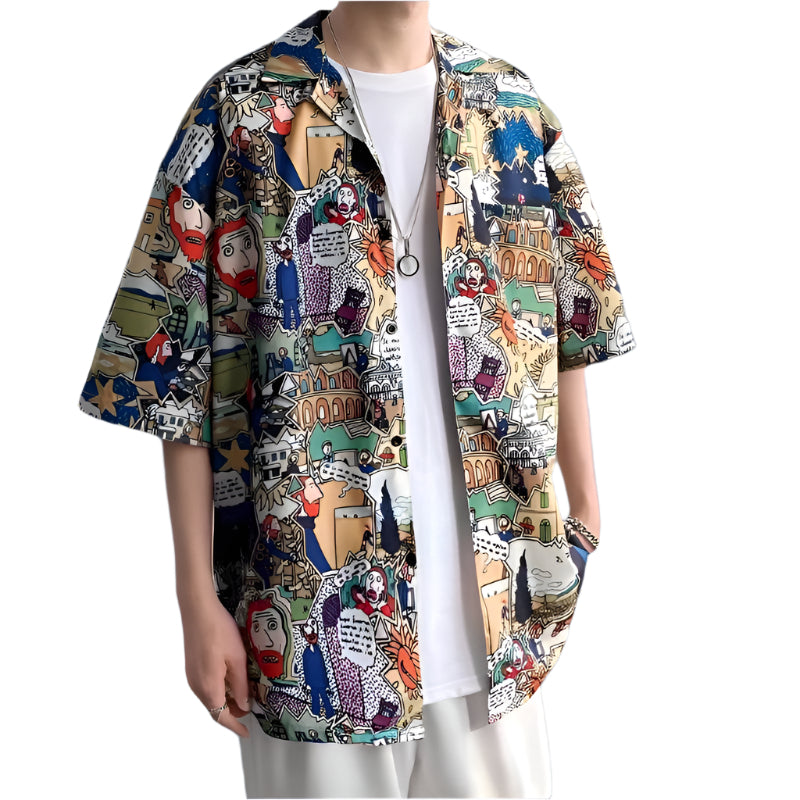 Cămașă cu imprimeu grafic colorat cu desene abstracte purtată peste tricou alb
