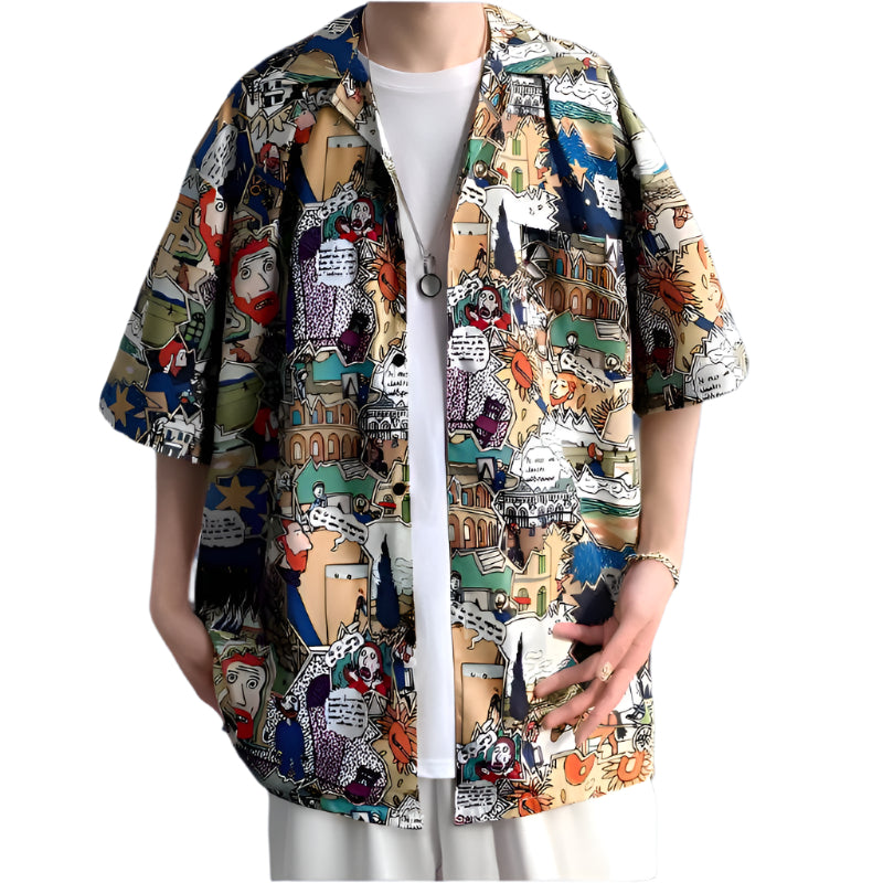 Cămașă cu imprimeu grafic colorat, mâneci scurte, stil casual și detalii artistice unice