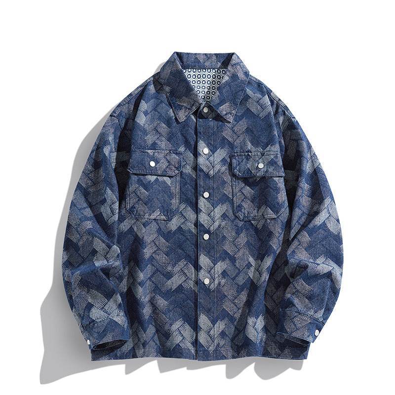 Cămașă retro din denim pentru bărbați cu model geometric albastru și buzunare frontale