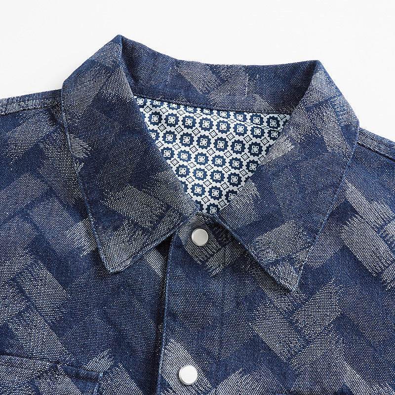 Cămașă retro din denim pentru bărbați cu imprimeu geometric și nasturi metalici