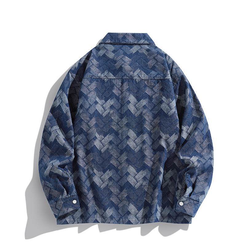 Cămașă retro din denim pentru bărbați cu model geometric albastru și croială lejeră