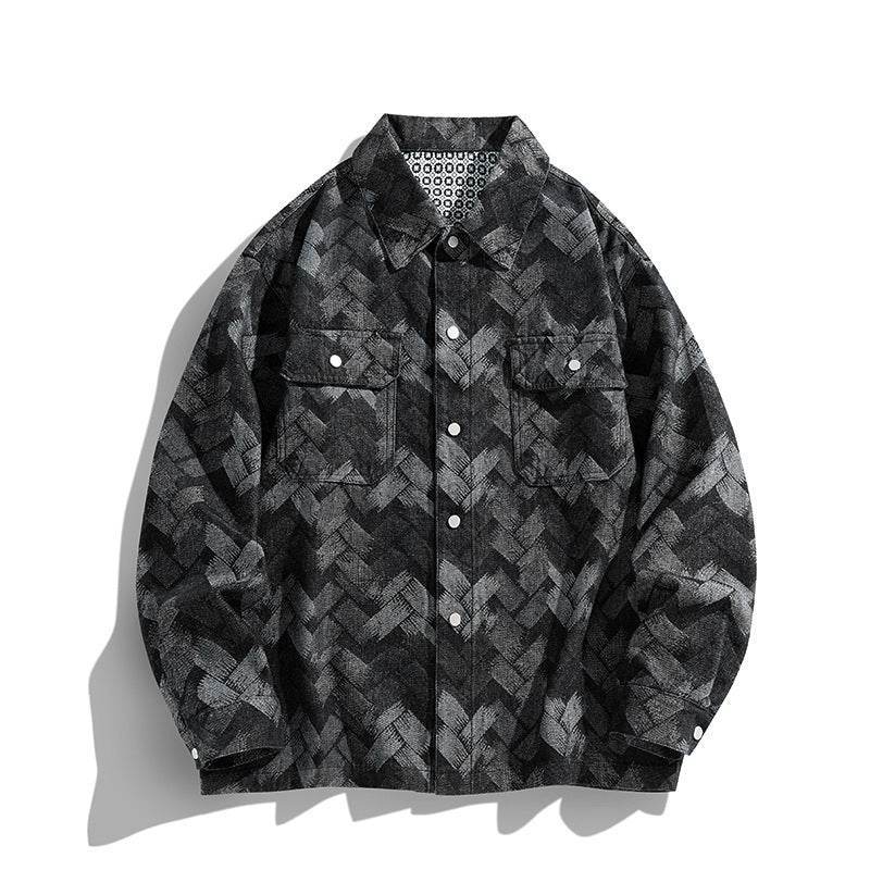 Cămașă retro din denim pentru bărbați cu model geometric în nuanțe de gri și butoni albi