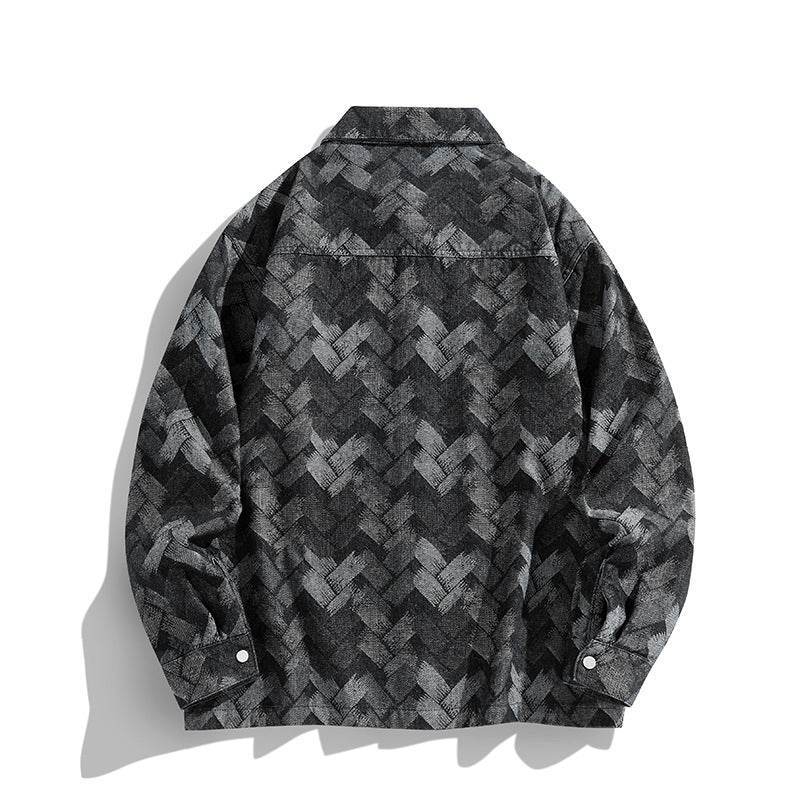 Cămașă retro din denim pentru bărbați cu model geometric gri și negru de la AM Vision RO