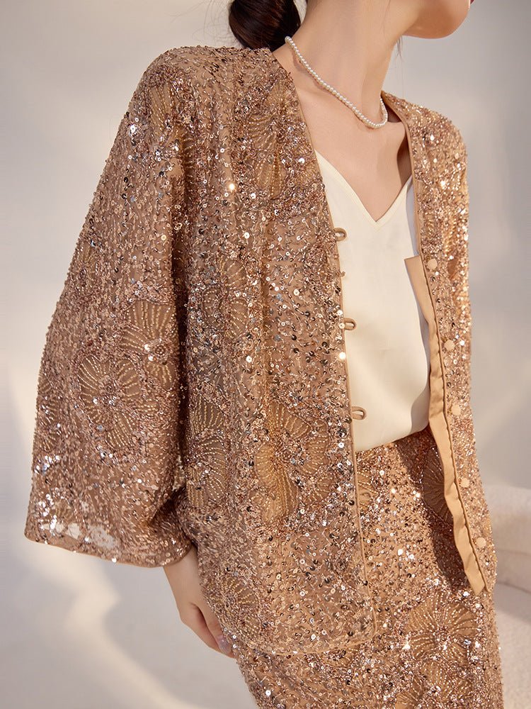 Camel blazer with sequins and relaxed fit featuring a chic design for elegant occasions