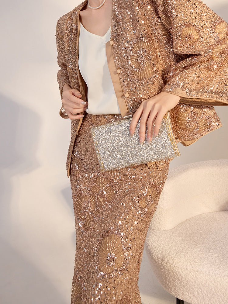 Camel blazer with sequins and relaxed fit, paired with a matching skirt and stylish clutch