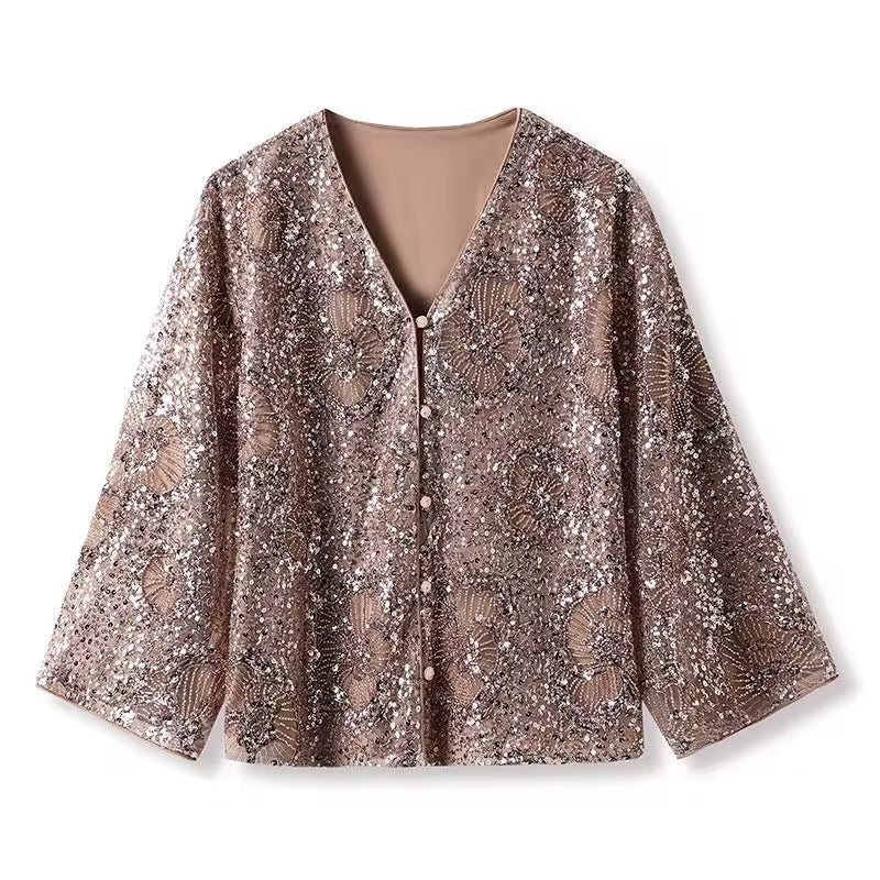 Camel blazer with sequins and relaxed fit featuring a stylish design and 