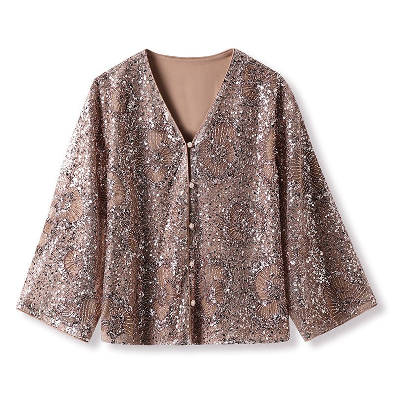 Camel blazer with sequins and relaxed fit featuring a stylish design and elegant look