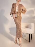 Camel blazer with sequins and relaxed fit paired with a stylish sequined skirt for a chic look