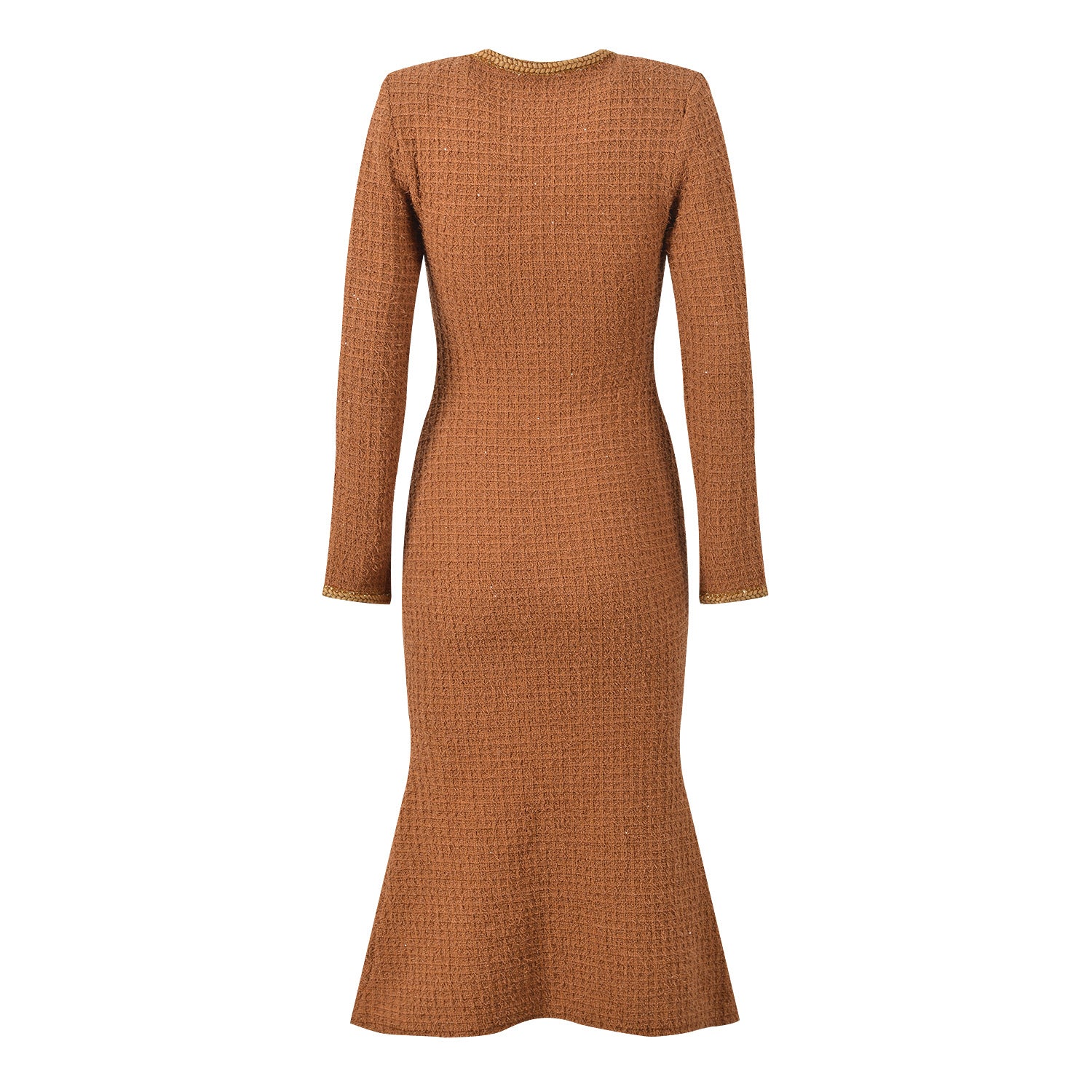 Camille Knit Dress Wool Elegance in warm brown with long sleeves and a flattering fit for stylish occasions