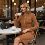 Stylish woman in Camille Knit Dress Wool Elegance enjoying coffee at a cafe setting