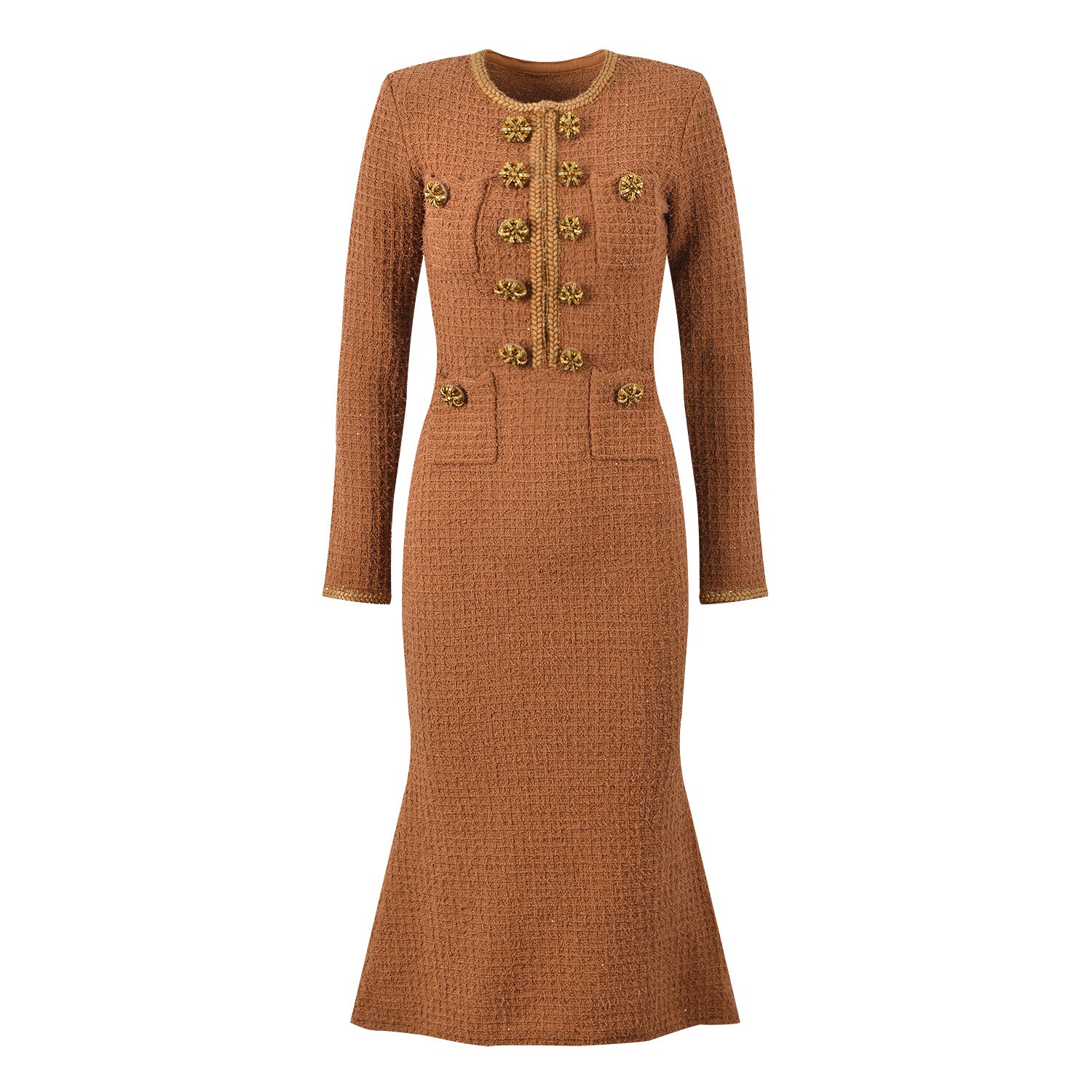Camille Knit Dress Wool Elegance in brown with decorative buttons and a tailored fit