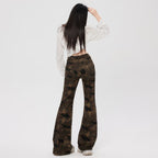 Woman wearing Camouflage Flare Pants with a stylish back view, perfect for casual outfits