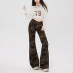 Trendy Camouflage Flare Pants paired with a casual cropped shirt for a stylish look