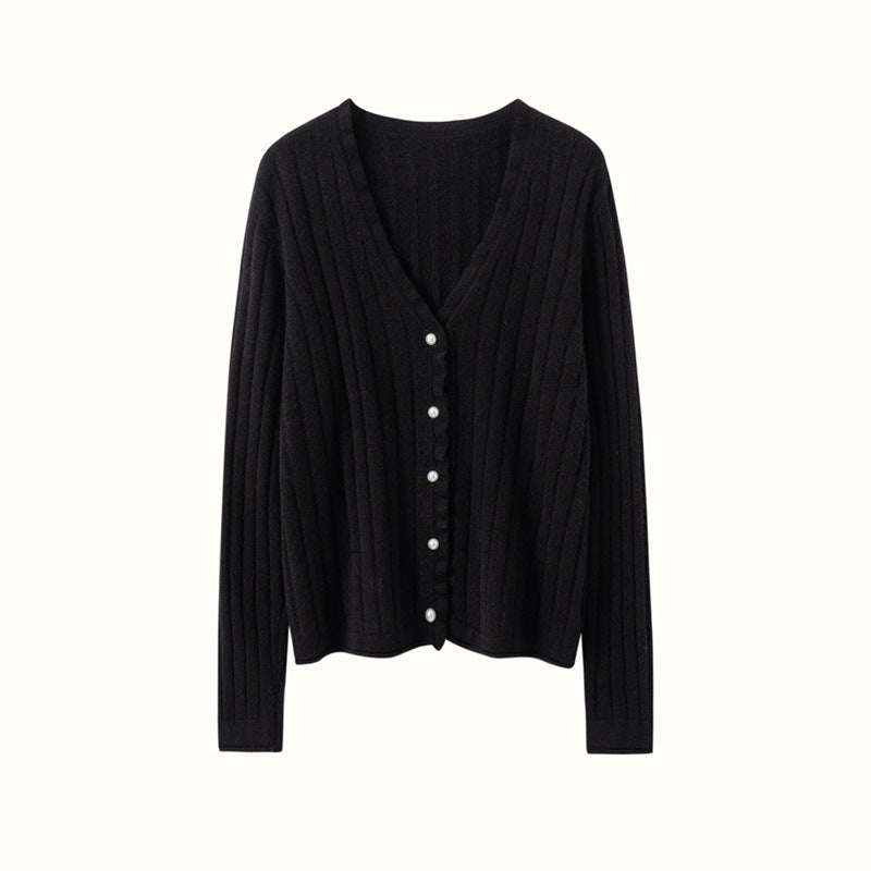 Black AM Vision RO cashmere lace cardigan with button front and ribbed texture