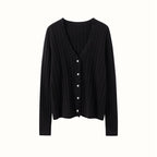 Black AM Vision RO cashmere lace cardigan with button front and ribbed texture