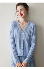 Light blue AM Vision RO cashmere lace cardigan with ribbed texture and button front for elegant style