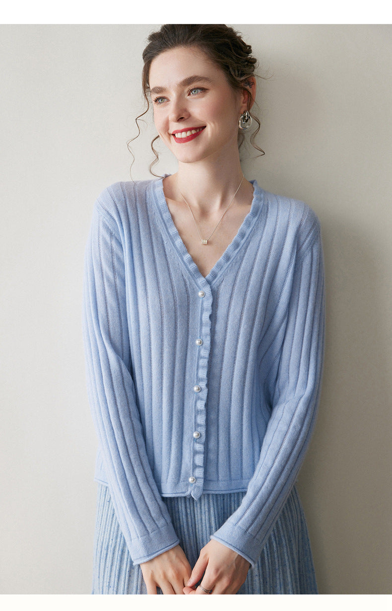 Light blue AM Vision RO cashmere lace cardigan with ribbed texture and button front for elegant style