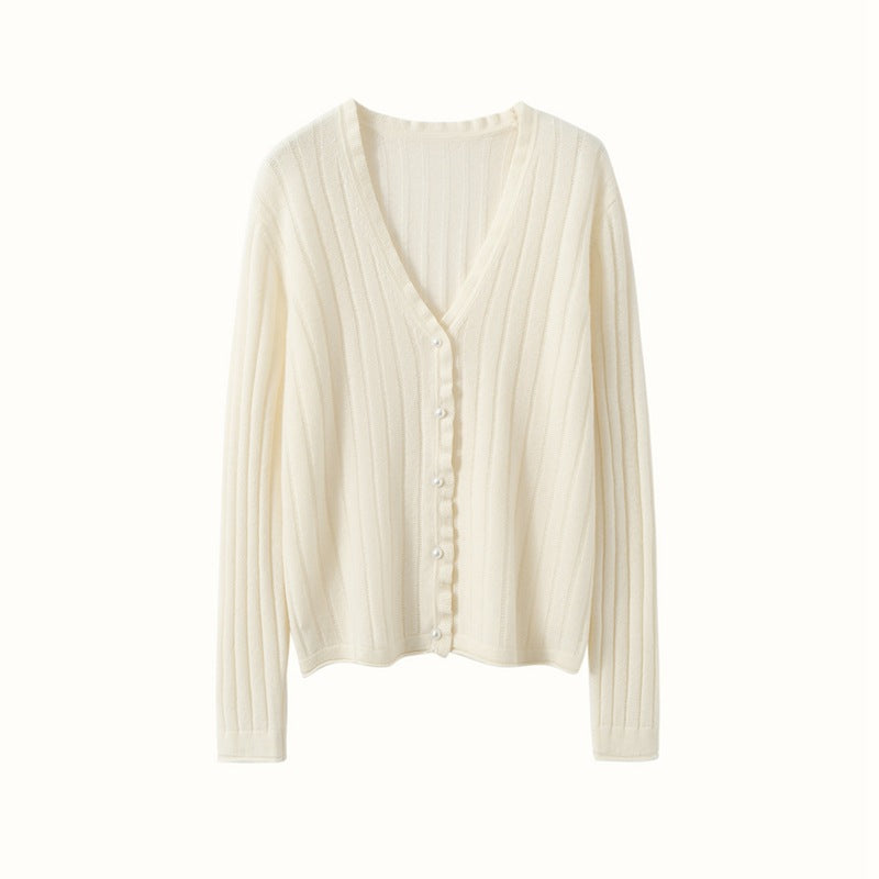 AM Vision RO Cashmere Lace Cardigan in Cream with Soft Ribbed Texture and Button Front Closure