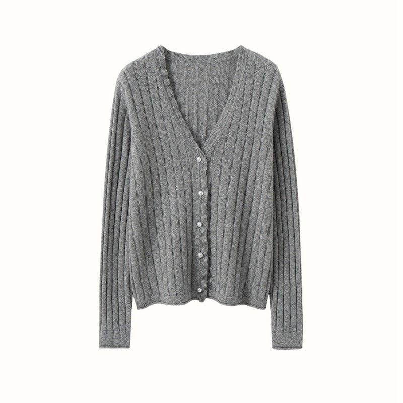 AM Vision RO Gray Cashmere Lace Cardigan with Vertical Ribbing and Button Front Closure
