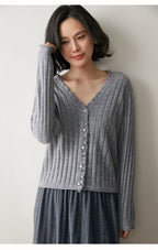 Gray AM Vision RO cashmere lace cardigan with ribbed texture and button closure