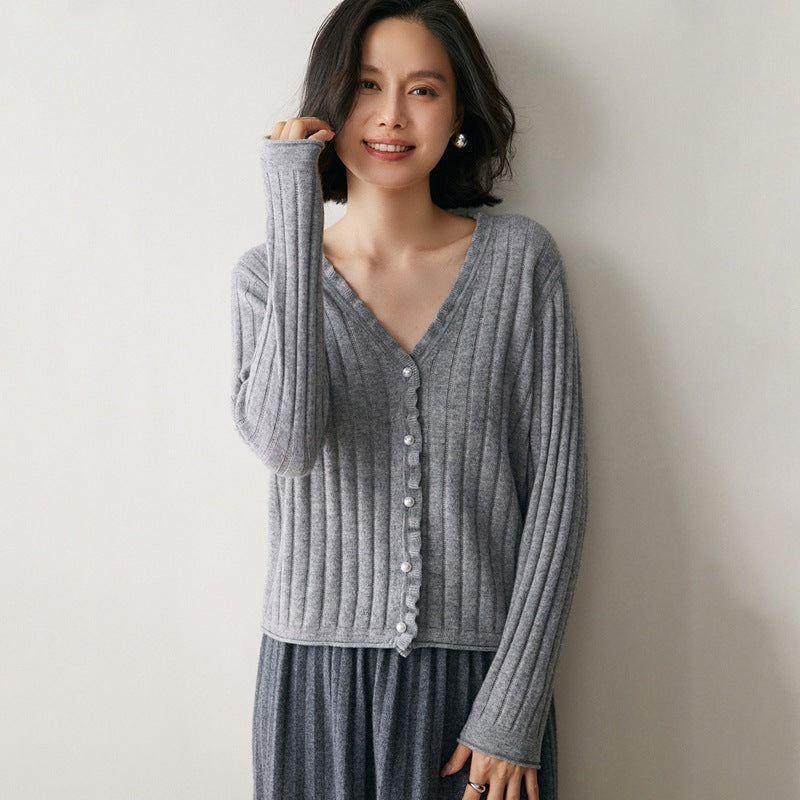 Gray ribbed AM Vision RO cashmere lace cardigan with buttons for a stylish layered look