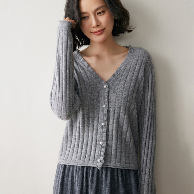 Gray AM Vision RO cashmere lace cardigan with ribbed texture and button closure for a cozy look