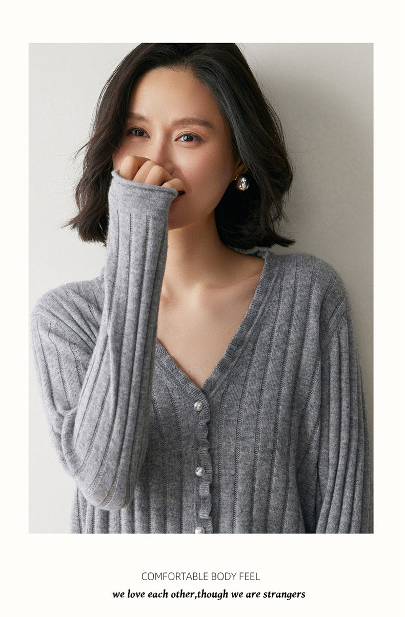 Cozy gray cashmere lace cardigan with ribbed texture and buttons, perfect for casual wear