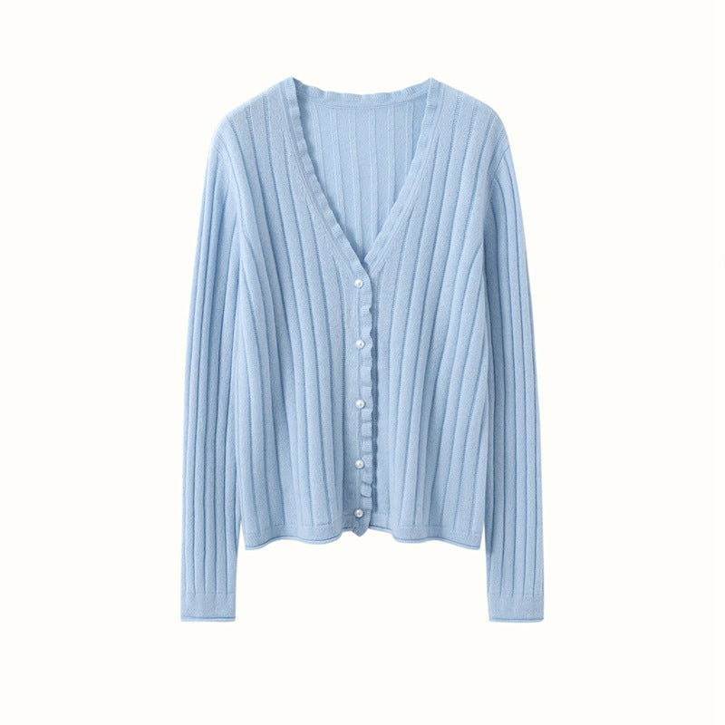 Light blue cashmere lace cardigan with ribbed texture and button closure for stylish layering