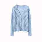 Light blue cashmere lace cardigan with ribbed texture and button closure for stylish layering