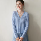 Light blue cashmere lace cardigan with a V-neck and button closure for a stylish look