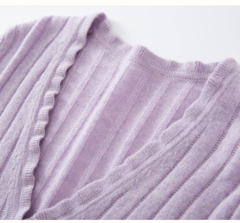 Lavender cashmere lace cardigan with a ribbed texture and ruffled neckline for stylish layering