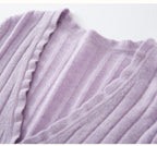 Lavender cashmere lace cardigan with a ribbed texture and ruffled neckline for stylish layering