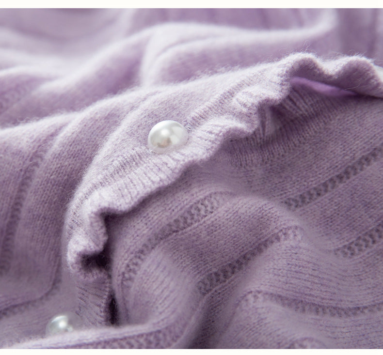 Soft lavender cashmere lace cardigan with delicate stripes and pearl detailing