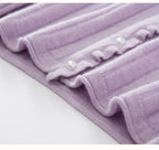 Light purple cashmere lace cardigan with ruffled edges and decorative pearl buttons