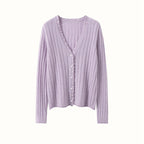 Light purple cashmere lace cardigan with a ribbed texture and button closure for a stylish look