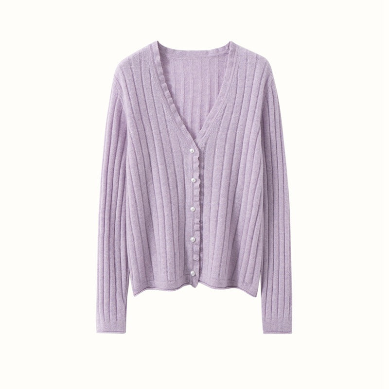 Light purple cashmere lace cardigan with a ribbed texture and button closure for a stylish look